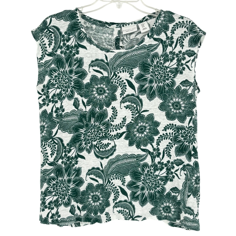 Rachel Zoe Green Floral Linen Sleeveless Top Button Back Romantic Resort Medium